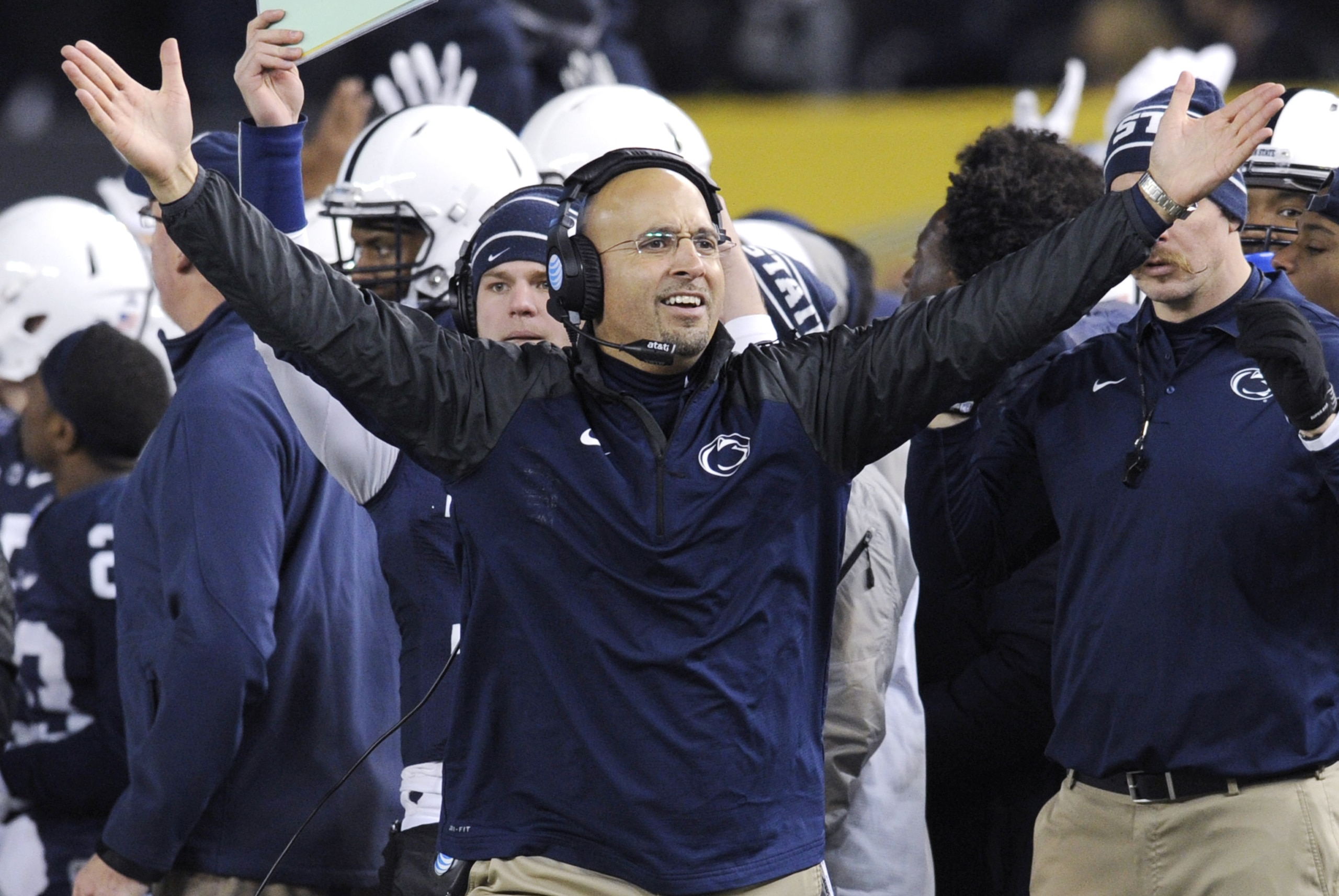 Penn State coach James Franklin reacts during the second half of the Pinstripe Bowl NCAA college football game against Boston College Saturday, Dec. 27, 2014, at Yankee Stadium in New York. Penn State won 31-30 in overtime. (AP Photo/Bill Kostroun)