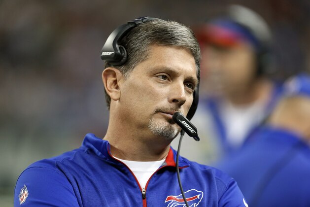 Buffalo Bills defensive coordinator Jim Schwartz watches  during the first half of an NFL football game against the New York Jets in Detroit, Monday, Nov. 24, 2014. (AP Photo/Paul Sancya)