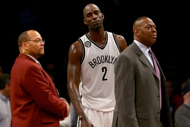 NEW YORK, NY - JANUARY 12:  Kevin Garnett #2 of the Brooklyn Nets waits to hear the calls after he and Dwight Howard of the Houston Rockets got into a scuffle in the first quarter at the Barclays Center on January 12, 2015 in the Brooklyn borough of New York City. NOTE TO USER: User expressly acknowledges and agrees that, by downloading and/or using this photograph, user is consenting to the terms and conditions of the Getty Images License Agreement.  (Photo by Elsa/Getty Images)