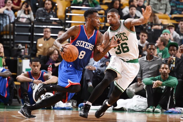 BOSTON, MA - OCTOBER 6: Marcus Smart #36 of the Boston Celtics tries to block Tony Wroten #8 of  the Philadelphia 76ers on October 6, 2014 at the TD Garden in Boston, Massachusetts.  NOTE TO USER: User expressly acknowledges and agrees that, by downloading and or using this photograph, User is consenting to the terms and conditions of the Getty Images License Agreement. Mandatory Copyright Notice: Copyright 2014 NBAE  (Photo by Brian Babineau/NBAE via Getty Images)