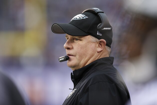 Philadelphia Eagles head coach Chip Kelly watches his team play during the first half of an NFL football game against the New York Giants Sunday, Dec. 28, 2014, in East Rutherford, N.J. (AP Photo/Kathy Willens)