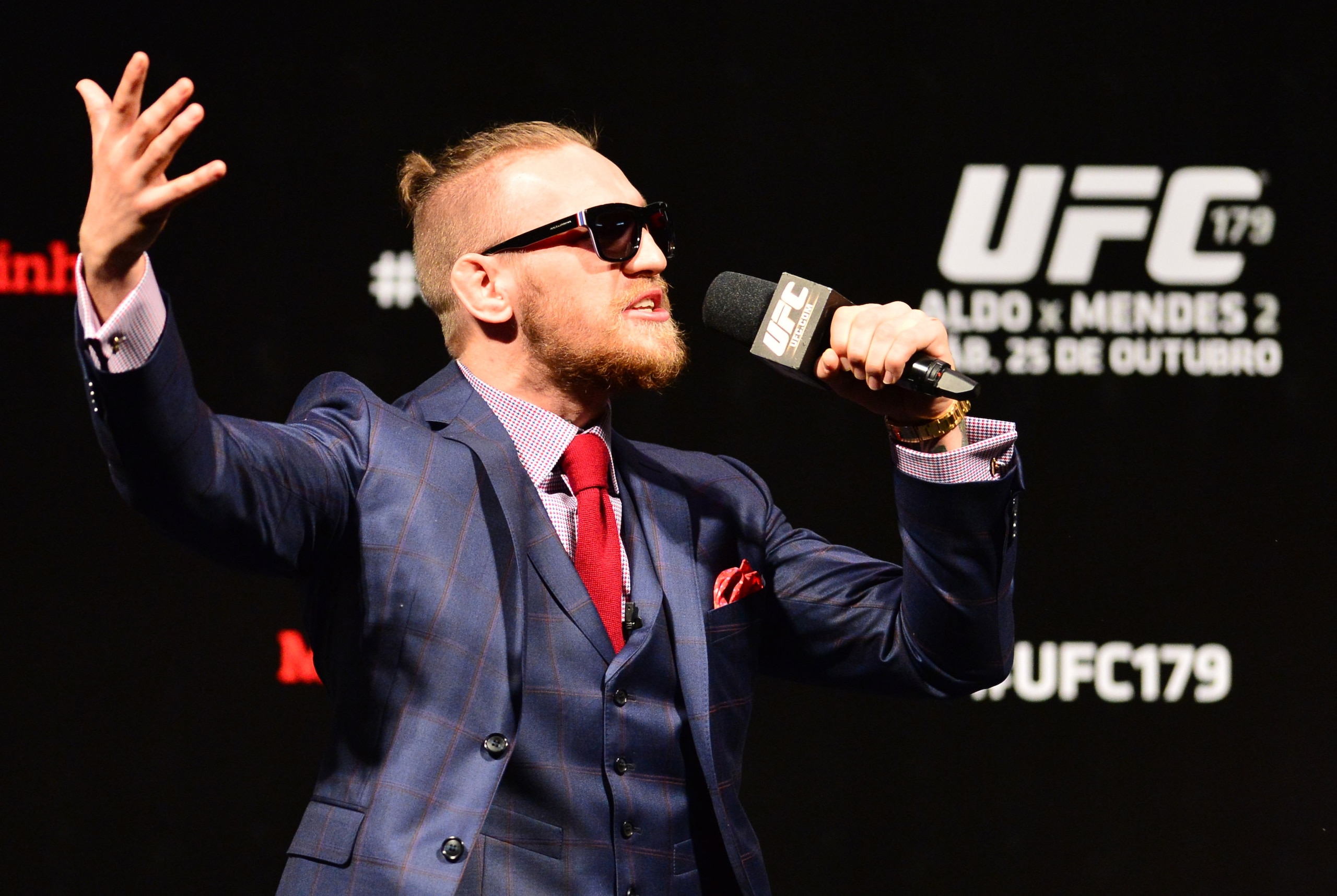 Oct 24, 2014; Rio de Janeiro, BRAZIL; Conor McGregor interacts with fans during a Q&A session before weigh-ins for UFC 179 at Ginasio do Maracanazinho. Mandatory Credit: Jason Silva-USA TODAY Sports