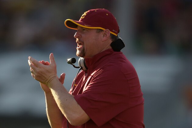 Nov 29, 2014; Los Angeles, CA, USA; Southern California Trojans special teams coach Tim Drevno reacts against the Notre Dame Fighting Irish at Los Angeles Memorial Coliseum. USC defeated Notre Dame 49-14.  Mandatory Credit: Kirby Lee-USA TODAY Sports