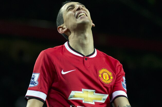 Manchester United's Angel Di Maria reacts after a missed opportunity during his team's English Premier League soccer match between Manchester United and Southampton at Old Trafford Stadium, Manchester, England, Sunday Jan. 11, 2015. (AP Photo/Jon Super)