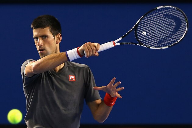 MELBOURNE, AUSTRALIA - JANUARY 13:  Novak Djokovic of Serbia plays a forehand during a practice session ahead of the 2015 Australian Open at Melbourne Park on January 13, 2015 in Melbourne, Australia.  (Photo by Quinn Rooney/Getty Images)