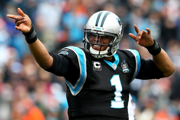 CHARLOTTE, NC - DECEMBER 21:  Cam Newton #1 of the Carolina Panthers indicates a first down against the Cleveland Browns in the 1st half during their game at Bank of America Stadium on December 21, 2014 in Charlotte, North Carolina.  (Photo by Streeter Lecka/Getty Images)