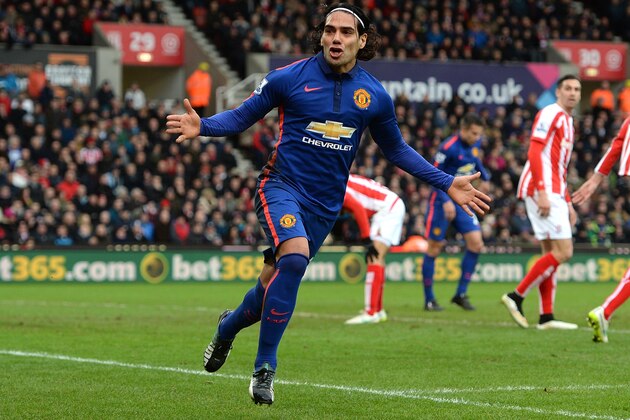 STOKE ON TRENT, ENGLAND - JANUARY 01:  Radamel Falcao of Manchester United  celebrates scoring his team's first goal during the Barclays Premier League match between Stoke City and Manchester United at Britannia Stadium on January 1, 2015 in Stoke on Trent, England.  (Photo by Gareth Copley/Getty Images)