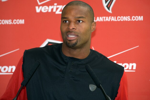 Oct 23, 2014; Hertfordshire, UNITED KINGDOM; Atlanta Falcons defensive end Osi Umenyiora at press conference at the Grove Hotel in advance of the International Series game against the Detroit Lions. Mandatory Credit: Kirby Lee-USA TODAY Sports