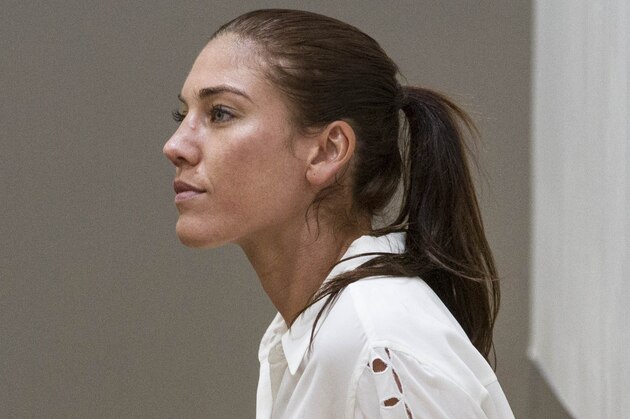 U.S. women's soccer team goalkeeper Hope Solo appears in Kirkland Municipal Court on Monday, June 23, 2014, in connection with her domestic violence arrest at her sister's home in Kirkland, Wash. (AP Photo/Pool, The Seattle Times, Mike Siegel, Pool)
