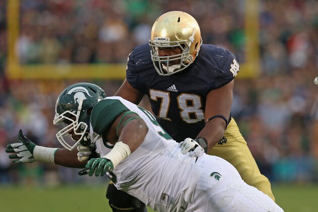 SOUTH BEND, IN - SEPTEMBER 21:  Damon Knox #93 of the Michigan State Spartans rushes against Ronnie Stanley #78 of the Notre Dame Fighting Irish at Notre Dame Stadium on September 21, 2013 in South Bend, Indiana. Notre Dame defeated Michigan State 17-13.  (Photo by Jonathan Daniel/Getty Images)