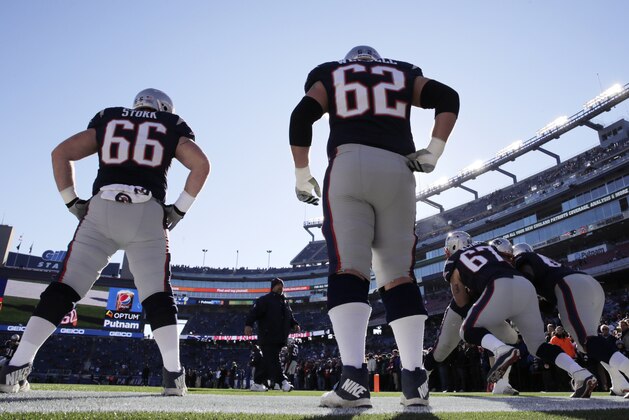 New England Patriots center Ryan Wendell (62)  and teammate Bryan Stork before an NFL football game Sunday, Dec. 14, 2014, in Foxborough, Mass. (AP Photo/Charles Krupa)
