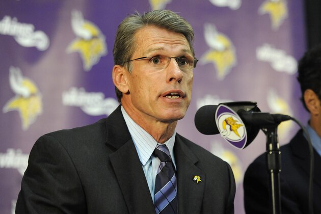 EDEN PRAIRIE, MN - SEPTEMBER 17: General Manager Rick Spielman of the Minnesota Vikings speaks to the media during a press conference on September 17, 2014 at Winter Park in Eden Prairie, Minnesota. The Vikings addressed their decision to put Adrian Peterson on the commissioner's exempt list until Peterson's child-abuse case has been resolved. (Photo by Hannah Foslien/Getty Images)