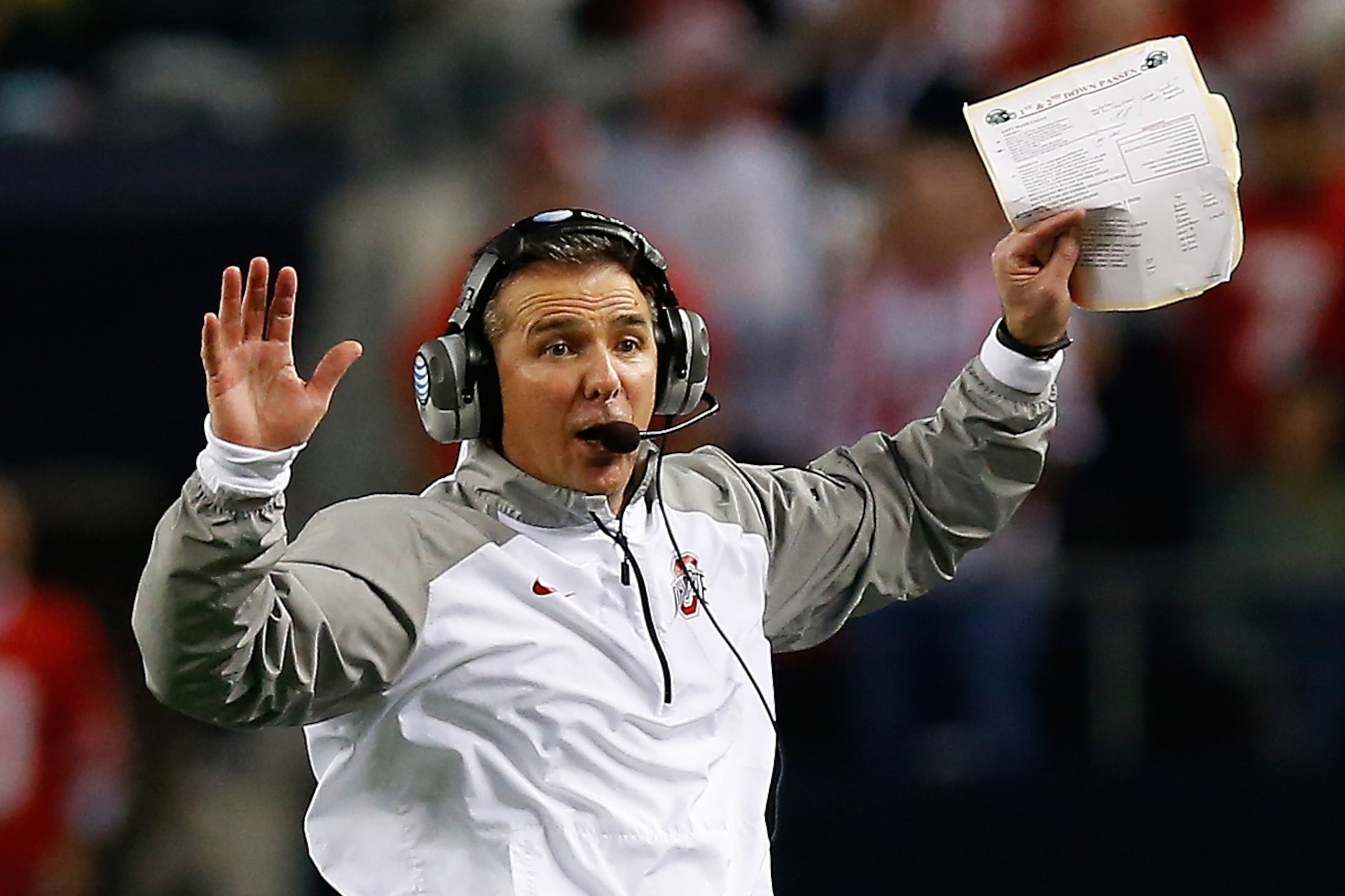 ARLINGTON, TX - JANUARY 12:  Head Coach Urban Meyer of the Ohio State Buckeyes reacts against the Oregon Ducks during the College Football Playoff National Championship Game at AT&T Stadium on January 12, 2015 in Arlington, Texas.  (Photo by Tom Pennington/Getty Images)