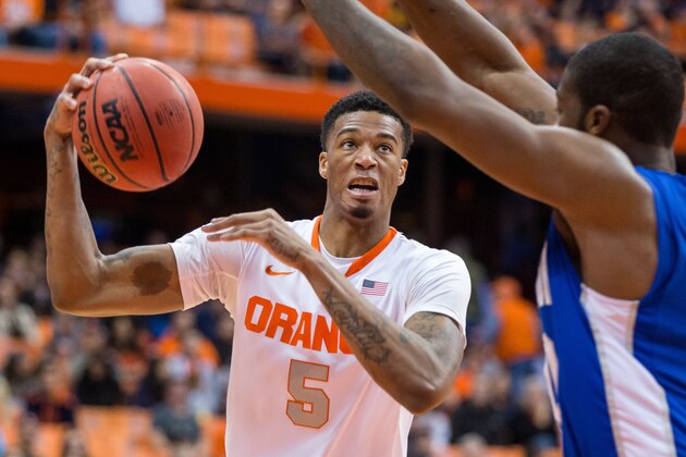SYRACUSE, NY - NOVEMBER 16:  Chris McCullough #5 of the Syracuse Orange drives to the basket against the Hampton Pirates on November 16, 2014 at The Carrier Dome in Syracuse, New York.  Syracuse wins 65-47 over Hampton.  (Photo by Brett Carlsen/Getty Images)