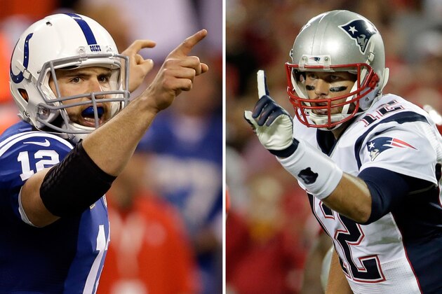 FILE - At left, in a Nov. 30, 2014, file photo, Indianapolis Colts quarterback Andrew Luck celebrates a 79-yard touchdown pass to wide receiver Donte Moncrief against the Washington Redskins during the second half of an NFL football game in Indianapolis. At right, in a Sept. 29, 2014, file photo, New England Patriots quarterback Tom Brady points on the line of scrimmage during the first quarter of an NFL football game against the Kansas City Chiefs in Kansas City, Mo. No Tom Brady-Peyton Manning rematch this time. Instead, it will be Brady and Andrew Luck meeting again in a matchup of star quarterbacks when the New England Patriots host the Indianapolis Colts in the AFC championship game Sunday. (AP Photo/Charlie Riedel, File)