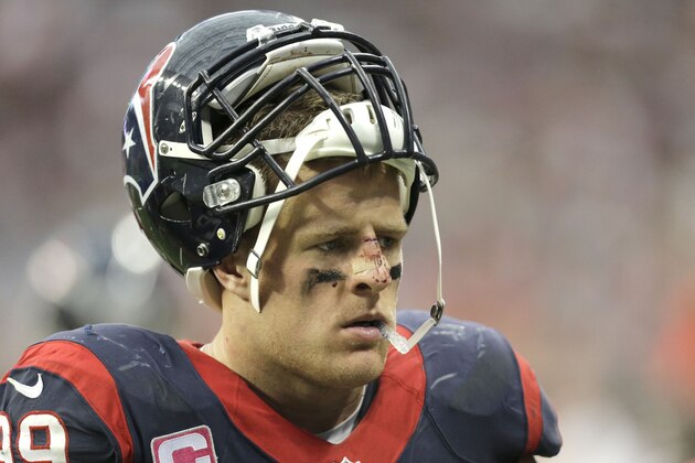 Houston Texans' J.J. Watt looks pensive on the sidelines during the second quarter of an NFL football game against the St. Louis Rams Sunday, Oct. 13, 2013, in Houston, Texas. (AP Photo/Eric Gay)