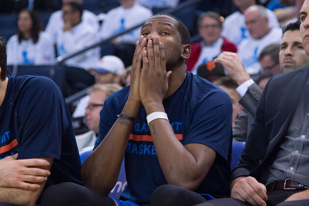 January 5, 2015; Oakland, CA, USA; Oklahoma City Thunder forward Kevin Durant (35) reacts on the bench against the Golden State Warriors during the fourth quarter at Oracle Arena. The Warriors defeated the Thunder 117-91. Mandatory Credit: Kyle Terada-USA TODAY Sports