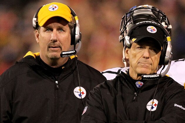 SAN FRANCISCO, CA - DECEMBER 19:  Linebackers coach Keith Butler (L) and defensive coordinator Dick Lebeau of the Pittsburgh Steelers watch from the sidelines during the game against the San Francisco 49ers at Candlestick Park on December 19, 2011 in San Francisco, California.  (Photo by Karl Walter/Getty Images)