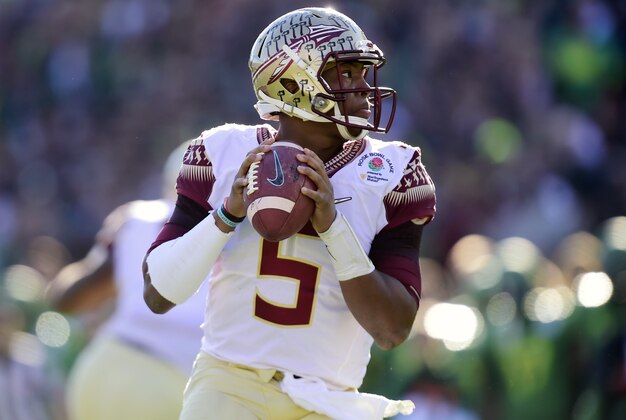 January 1, 2015; Pasadena, CA, USA; Florida State Seminoles quarterback Jameis Winston (5) against the Oregon Ducks in the 2015 Rose Bowl college football game at Rose Bowl. Mandatory Credit: Gary A. Vasquez-USA TODAY Sports