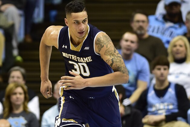 Jan 5, 2015; Chapel Hill, NC, USA; Notre Dame Fighting Irish forward Zach Auguste (30) on the court in the second half. The Fighting Irish defeated the Tar Heels 71-70 at Dean E. Smith Center. Mandatory Credit: Bob Donnan-USA TODAY Sports