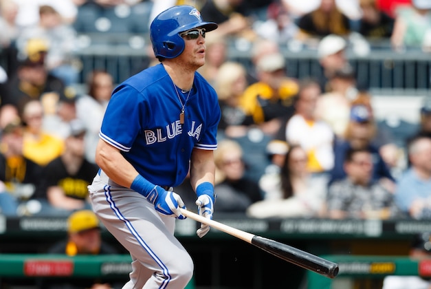 May 4, 2014; Pittsburgh, PA, USA; Toronto Blue Jays center fielder Colby Rasmus (28) at bat against the Pittsburgh Pirates at PNC Park. Mandatory Credit: Rick Osentoski-USA TODAY Sports