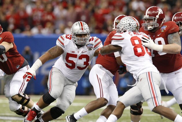 Jan 1, 2015; New Orleans, LA, USA; Alabama Crimson Tide quarterback Blake Sims (6) is sacked by Ohio State Buckeyes defensive tackle Michael Bennett (53) in the 2015 Sugar Bowl at Mercedes-Benz Superdome. Mandatory Credit: Matthew Emmons-USA TODAY Sports