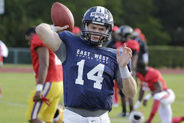East quarterback Taylor Heinicke, of Old Dominion, during practice for the East-West Shrine college football game Tuesday, Jan. 13, 2015, in St. Petersburg, Fla. (AP Photo/Chris O'Meara)