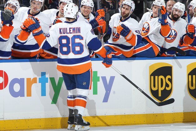 NEW YORK, NY - JANUARY 13:  Nikolai Kulemin #86 of the New York Islanders celebrates after a goal in the second period against the New York Rangers at Madison Square Garden on January 13, 2015 in New York City. (Photo by Jared Silber/NHLI via Getty Images)