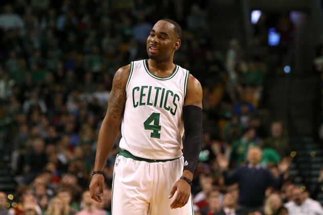 BOSTON, MA - NOVEMBER 14: Marcus Thornton #4 of the Boston Celtics reacts after a play against the Cleveland Cavaliers at TD Garden on November 14, 2014 in Boston, Massachusetts. NOTE TO USER: User expressly acknowledges and agrees that, by downloading and or using this photograph, User is consenting to the terms and conditions of the Getty Images License Agreement.  (Photo by Mike Lawrie/Getty Images)