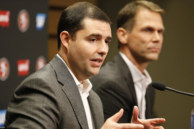 San Francisco 49ers owner Jed York, left, and general manager Trent Baalke, right, speaks during a news conference at 49ers football headquarters in Santa Clara, Calif., on Monday, Dec. 29, 2014. (AP Photo/Tony Avelar)