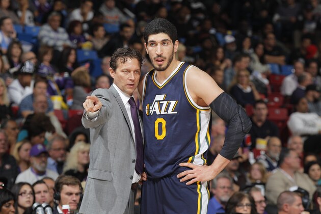 SACRAMENTO, CA - DECEMBER 8: Head Coach Quin Synder of the Utah Jazz coaches Enes Kanter #0 against the Sacramento Kings on December 8, 2014 at Sleep Train Arena in Sacramento, California. NOTE TO USER: User expressly acknowledges and agrees that, by downloading and or using this photograph, User is consenting to the terms and conditions of the Getty Images Agreement. Mandatory Copyright Notice: Copyright 2014 NBAE (Photo by Rocky Widner/NBAE via Getty Images)
