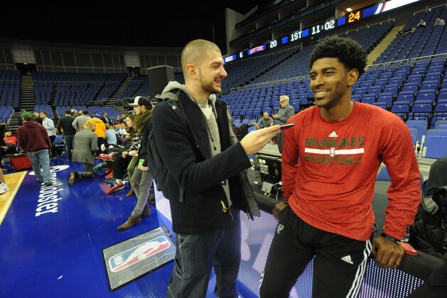 LONDON, ENGLAND - JANUARY 14: O.J. Mayo of the Milwaukee Bucks speaks to the media after practice as part of the 2015 Global Games on January 14, 2015 at The O2 Arena in London, England. NOTE TO USER: User expressly acknowledges and agrees that, by downloading and/or using this Photograph, user is consenting to the terms and conditions of the Getty Images License Agreement. Mandatory Copyright Notice: Copyright 2015 NBAE (Photo by Randy Belice/NBAE via Getty Images)