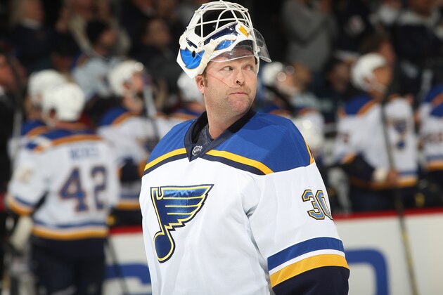 DENVER, CO - DECEMBER 23:  Goaltender Martin Brodeur #30 of the St. Louis Blues looks on against the Colorado Avalanche at the Pepsi Center on December 23, 2014 in Denver, Colorado. The Avalanche shut out the Blues 5-0.  (Photo by Michael Martin/NHLI via Getty Images)