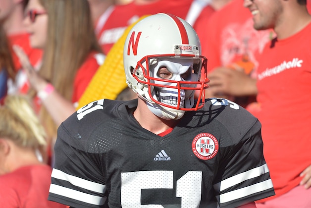 Aug 30, 2014; Lincoln, NE, USA; A Nebraska Cornhuskers fan shows his support during the second half against the Florida Atlantic Owls at Memorial Stadium. Nebraska won 55-7. Mandatory Credit: Denny Medley-USA TODAY Sports