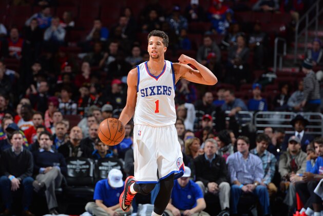 PHILADELPHIA, PA - JANUARY 13: Michael Carter-Williams #1 of the Philadelphia 76ers calls a play against the Atlanta Hawks at Wells Fargo Center on January 13, 2015 in Philadelphia, Pennsylvania NOTE TO USER: User expressly acknowledges and agrees that, by downloading and/or using this Photograph, user is consenting to the terms and conditions of the Getty Images License Agreement. Mandatory Copyright Notice: Copyright 2015 NBAE (Photo by Jesse D. Garrabrant/NBAE via Getty Images)