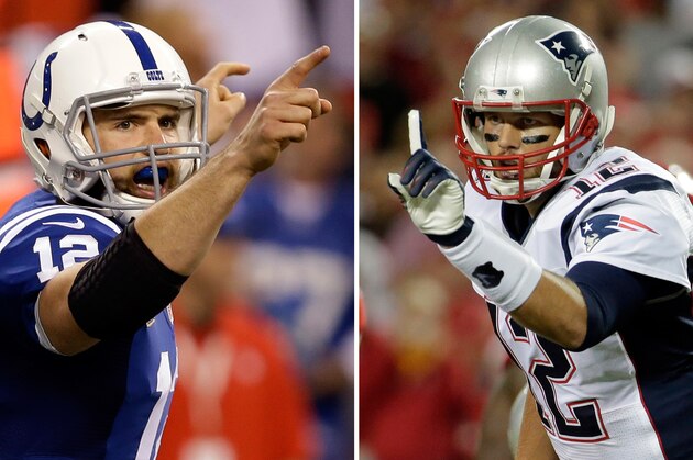 FILE - At left, in a Nov. 30, 2014, file photo, Indianapolis Colts quarterback Andrew Luck celebrates a 79-yard touchdown pass to wide receiver Donte Moncrief against the Washington Redskins during the second half of an NFL football game in Indianapolis. At right, in a Sept. 29, 2014, file photo, New England Patriots quarterback Tom Brady points on the line of scrimmage during the first quarter of an NFL football game against the Kansas City Chiefs in Kansas City, Mo. No Tom Brady-Peyton Manning rematch this time. Instead, it will be Brady and Andrew Luck meeting again in a matchup of star quarterbacks when the New England Patriots host the Indianapolis Colts in the AFC championship game Sunday. (AP Photo/Charlie Riedel, File)