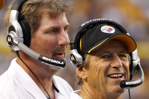 Pittsburgh Steelers defensive coodinator Dick LeBeau, right, and linebackers coach Keith Butler stand on the sidelines during the first quarter of a preseason NFL football game against the Detroit Lions in Pittsburgh, Saturday, Aug. 14, 2010. (AP Photo/Gene J. Puskar)
