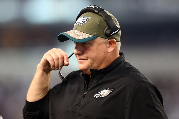 ARLINGTON, TX - NOVEMBER 27:  Head coach Chip Kelly of the Philadelphia Eagles watches from the sideline in the first half against the Dallas Cowboys at AT&T Stadium on November 27, 2014 in Arlington, Texas.  (Photo by Ronald Martinez/Getty Images)