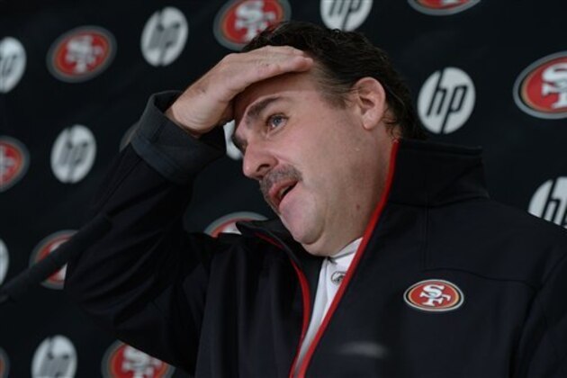 CORRECTS JACKSONVILLE TEAM NAME - San Francisco 49ers Defensive Line Coach Jim Tomsula looks up at a questioner during a press conference in Watford, north of London, Wednesday Oct. 23 2013, prior to their game against Jacksonville Jaguars at Wembley Stadium in London on Sunday (AP Photo/Dave Shopland, NFL UK)