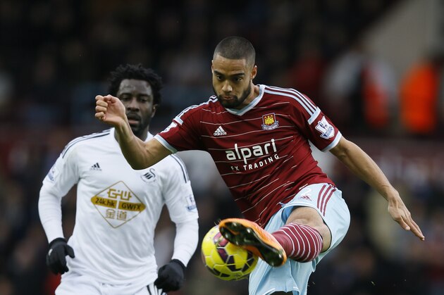 West Ham's Winston Reid, right, kicks the ball from Swansea's Wilfried Bony during the English Premier League soccer match between West Ham and Swansea at White Hart Lane stadium in London, Sunday, Dec. 7, 2014. (AP Photo/Kirsty Wigglesworth)