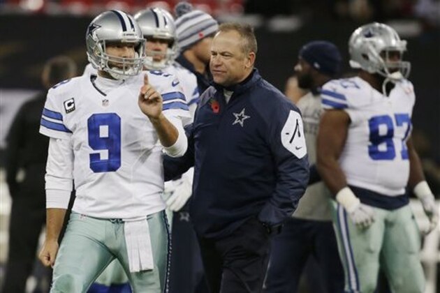 ADVANCE FOR WEEKEND EDITIONS, DEC. 20-21- FILE - In this Nov. 9, 2014, file photo Dallas Cowboys quarterback Tony Romo (9) and Cowboys Passing Game Coordinator Scott Linehan talk before an NFL football game against the Jacksonville Jaguars at Wembley Stadium in London. The Associated Press will honor an NFL assistant coach for the first time this year with his own award. (AP Photo/Matt Dunham, File) ADVANCE FOR WEEKEND EDITIONS, DEC. 20-21- FILE - In this Nov. 9, 2014, file photo Dallas Cowboys quarterback Tony Romo (9) and Cowboys Passing Game Coordinator Scott Linehan talk before an NFL football game against the Jacksonville Jaguars at Wembley Stadium in London. The Associated Press will honor an NFL assistant coach for the first time this year with his own award. (AP Photo/Matt Dunham, File)