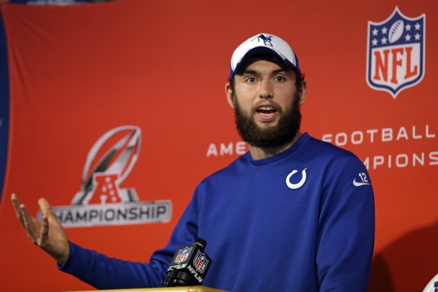 Indianapolis Colts quarterback Andrew Luck answers a question during an NFL football press conference at the team's practice facility in Indianapolis, Wednesday, Jan. 14, 2015. The Colts face the New England Patriots in Sunday's AFC Championship in Foxborough, Mass. (AP Photo/Michael Conroy)