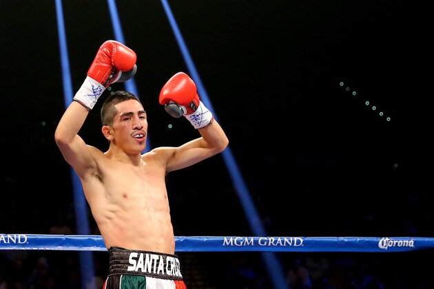 LAS VEGAS, NV - SEPTEMBER 13:  Leo Santa Cruz celebrates after a second round TKO of Manuel Roman during their WBC super bantamweight title fight at the MGM Grand Garden Arena on September 13, 2014 in Las Vegas, Nevada.  (Photo by Al Bello/Getty Images)