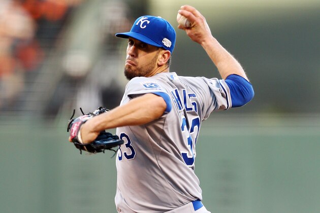 Kansas City Royals pitcher James Shields throws during the first inning of Game 5 of baseball's World Series against the San Francisco Giants Sunday, Oct. 26, 2014, in San Francisco. (AP Photo/Else, Pool) Kansas City Royals pitcher James Shields throws during the first inning of Game 5 of baseball's World Series against the San Francisco Giants Sunday, Oct. 26, 2014, in San Francisco. (AP Photo/Else, Pool)