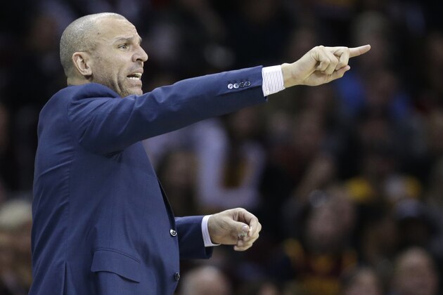 Milwaukee Bucks head coach Jason Kidd yells to players during the fourth quarter of an NBA basketball game against the Cleveland Cavaliers Wednesday, Dec. 31, 2014, in Cleveland. The Bucks defeated the Cavaliers 96-80. (AP Photo/Tony Dejak)
