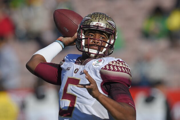 In this Jan. 1, 2015 file photo, Florida State quarterback Jameis Winston passes against Oregon during the first half of the Rose Bowl NCAA college football playoff semifinal, in Pasadena, Calif. Winston declared himself eligible for the NFL draft Wednesday, Jan. 7, 2015,  the same day the woman who accused him of rape filed a lawsuit against the university saying it failed to properly investigate her allegations.(AP Photo/Mark J. Terrill, File)