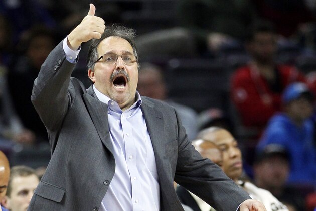 Detroit Pistons head coach Stan Van Gundy signals a play during the second half of an NBA basketball game against the Brooklyn Nets, Saturday, Jan. 10, 2015, in Auburn Hills, Mich. The Pistons defeated the Nets 98-93. (AP Photo/Duane Burleson)