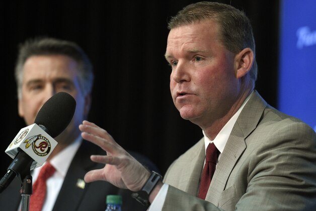 Scot McCloughan, right, speaks during an NFL football press conference where he was introduced as the Washington Redskins new general manager, Friday, Jan. 9, 2015, in Ashburn, Va. (AP Photo/Nick Wass)
