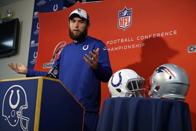 Indianapolis Colts quarterback Andrew Luck answers a question during an NFL football press conference at the team's practice facility in Indianapolis, Wednesday, Jan. 14, 2015. The Colts face the New England Patriots in Sunday's AFC Championship in Foxborough, Mass. (AP Photo/Michael Conroy)