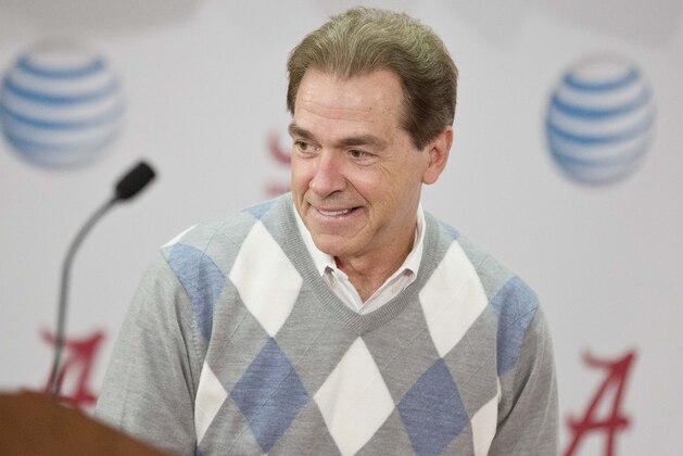 Alabama head coach Nick Saban talks about how proud he is of Amari Cooper, T.J. Yeldon and Landon Collins for declaring their decision to enter the NFL draft during a press conference, Friday, Jan. 9, 2015, in Tuscaloosa, Ala. Saban said that it speaks highly of the Alabama program to have players enter the NFL draft. (AP Photo/Brynn Anderson)